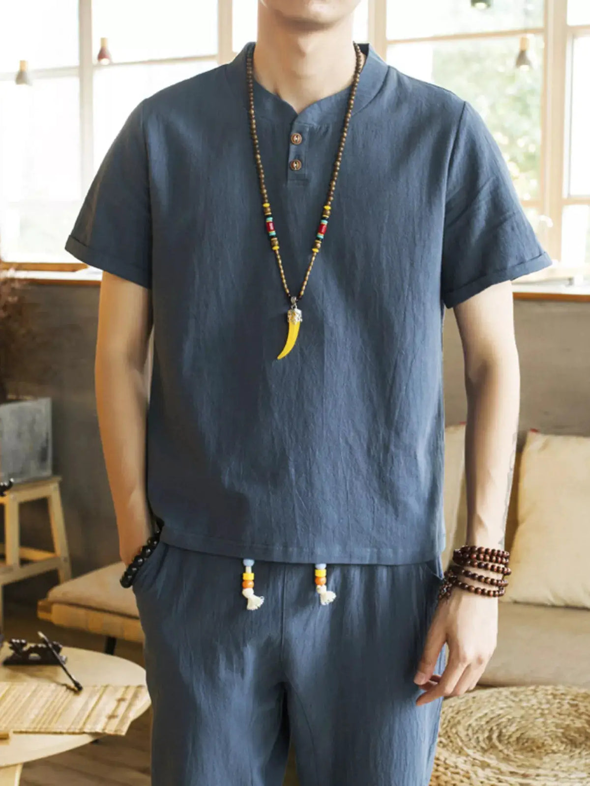 Men's plus-size two-piece short-sleeve button-front set in blue.