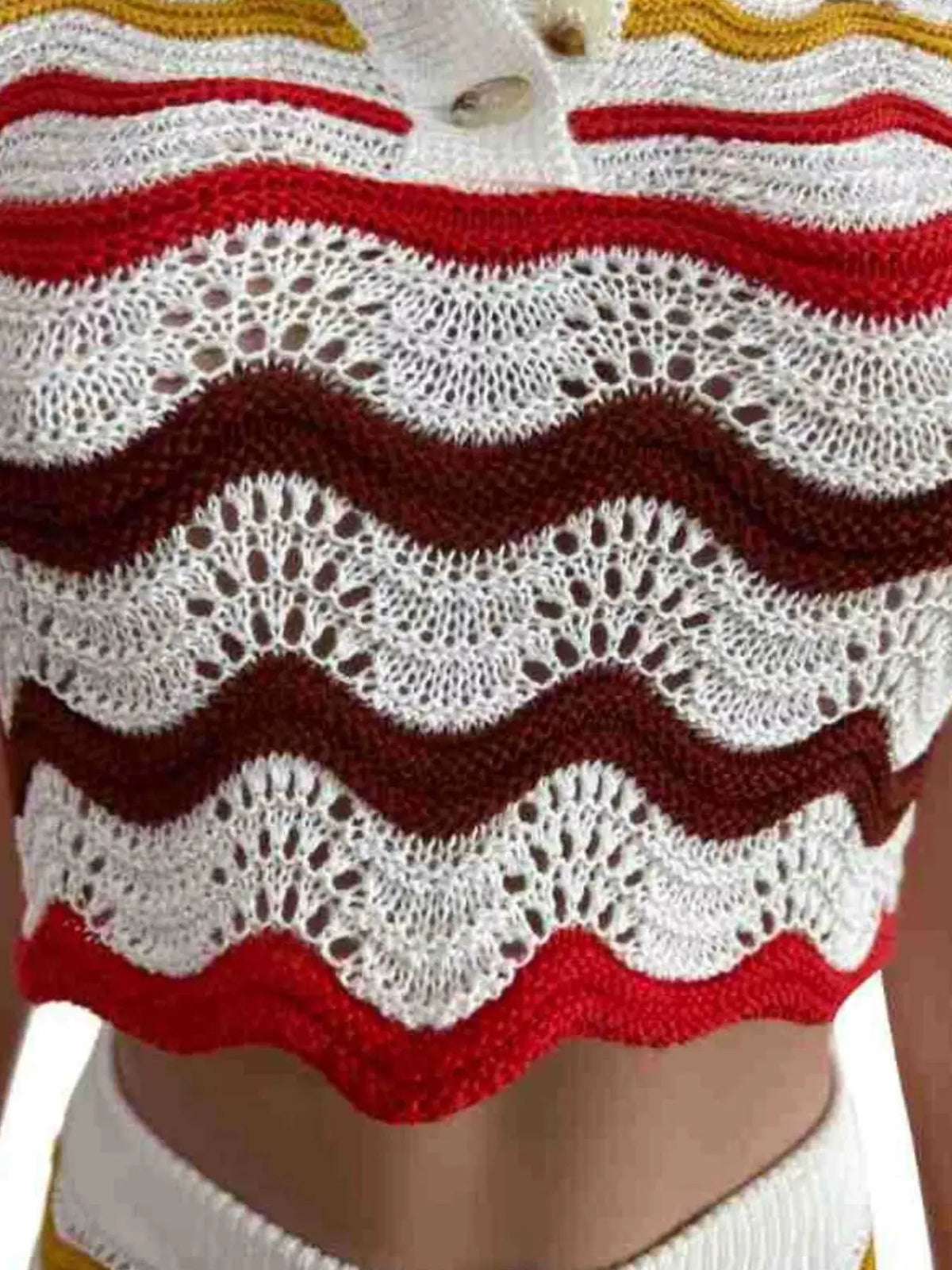 Textured knit sweater set by Trendsi in red and white with mustard accents, zigzag crochet weave, cropped top