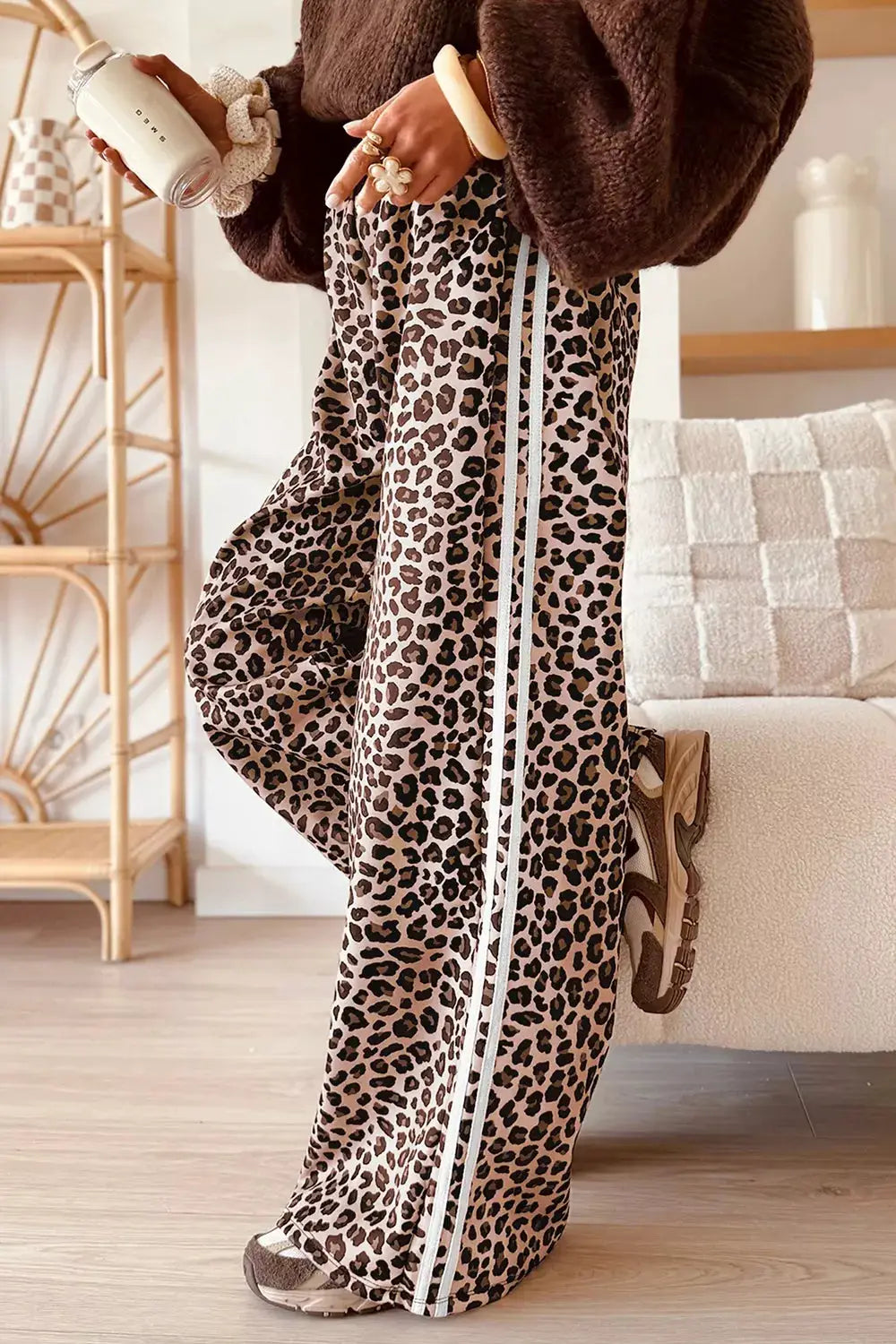 Trendsi leopard print wide-leg palazzo pants with white side stripes