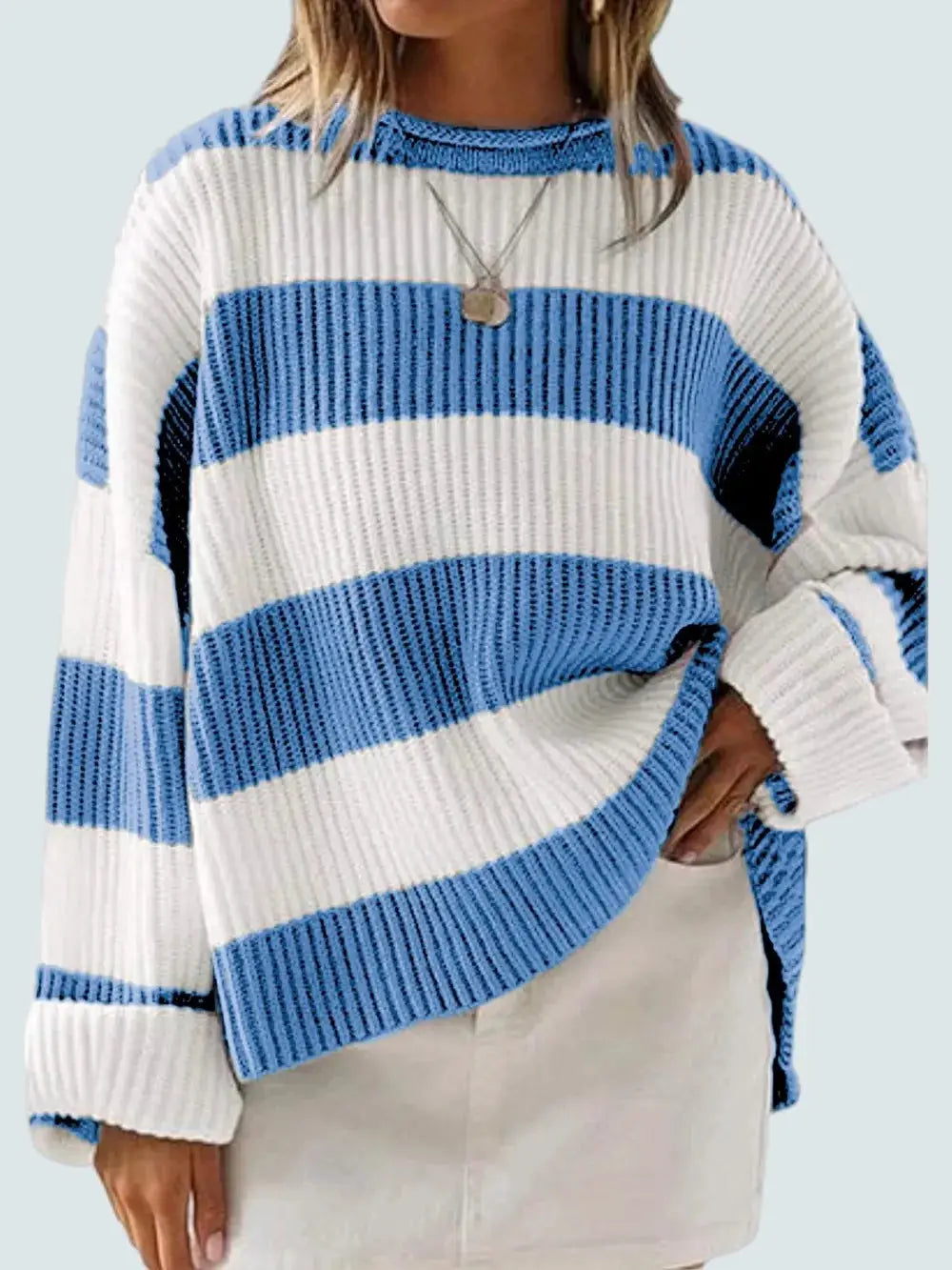 Essential Round Neck Long Sleeve Soft Stretch Sweater in blue and white striped knit with oversized relaxed fit