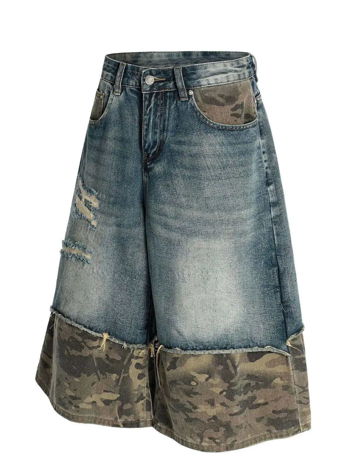 Mens distressed camo-panel denim shorts with cotton stretch; faded blue denim with camo accents