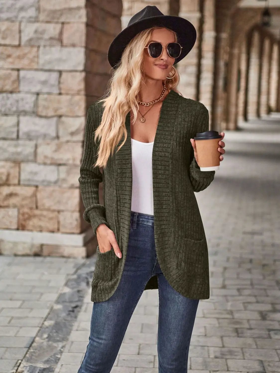 Stretchy open-front cardigan in olive green with deep side pockets for women