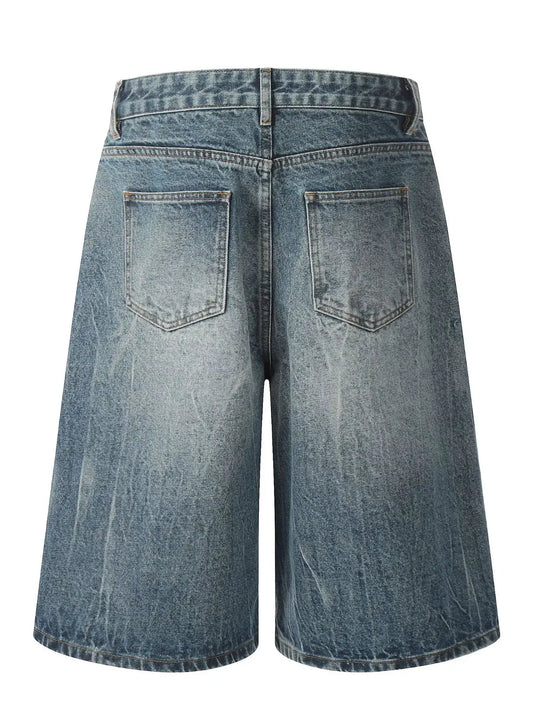 Mens washed wide-leg denim shorts with two back pockets