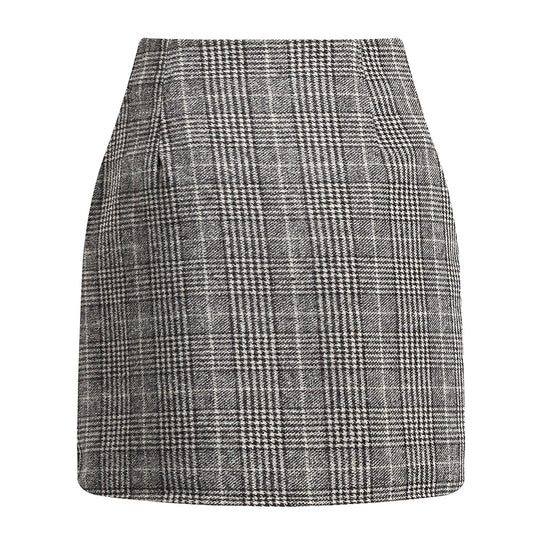 Falda mini ajustada de lana de cuadros de talle alto para mujer