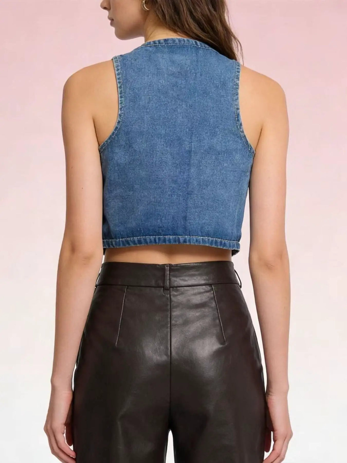 Blue denim vest, cropped sleeveless button-down layering jacket