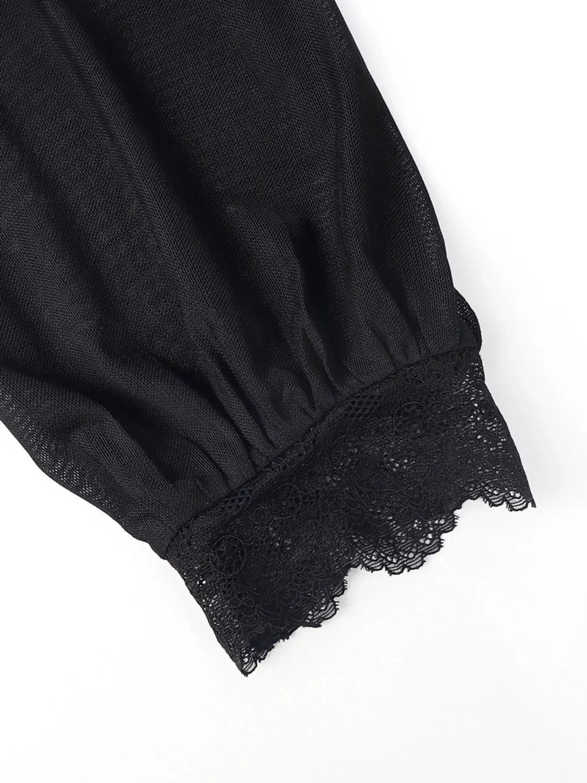 Lace Trim Velvet Sheer Sleeve Blouse in black with lace-trim cuff