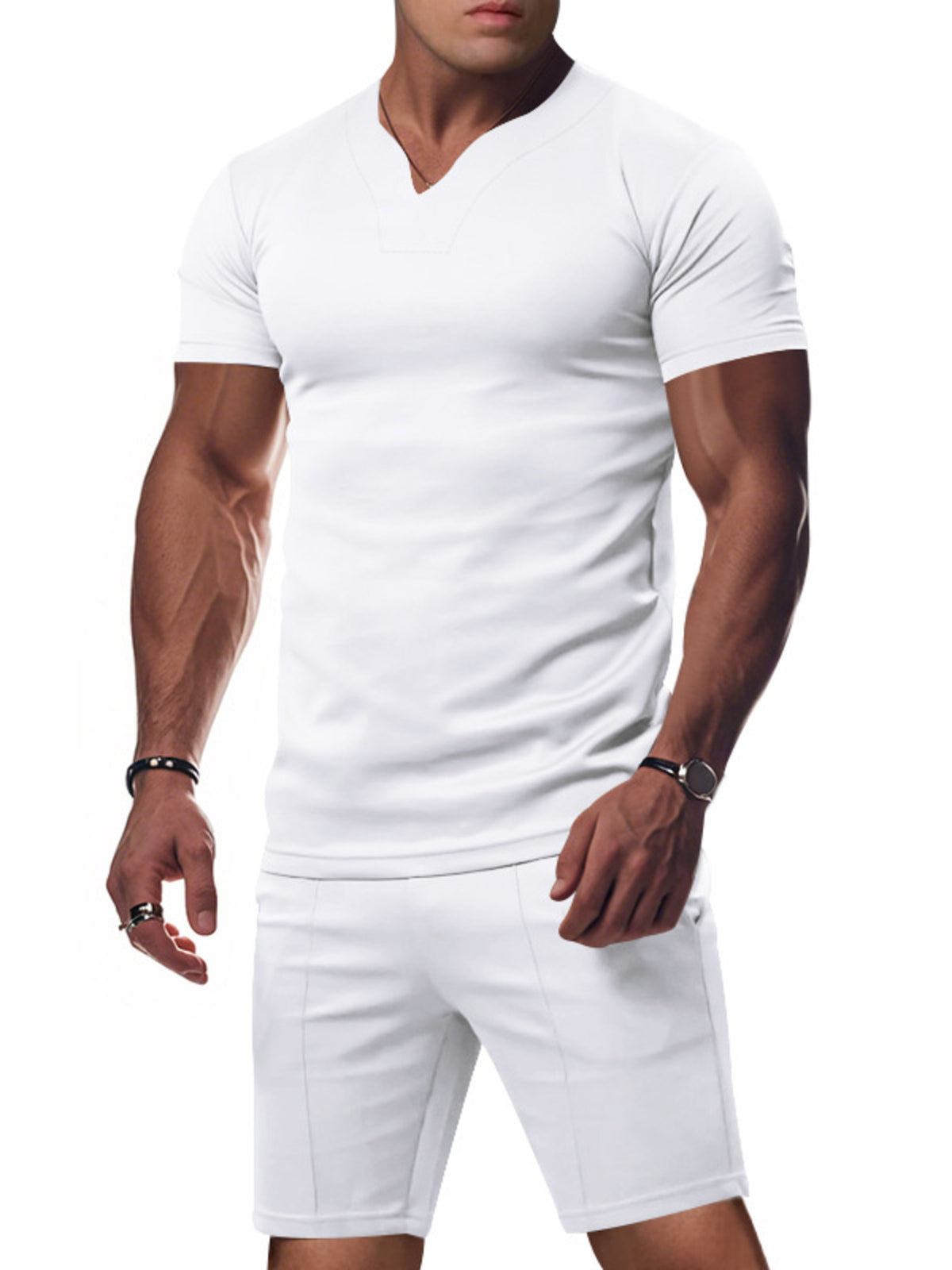 Men's white V-neck short-sleeve T-shirt and drawstring shorts set, 2-piece, plus size