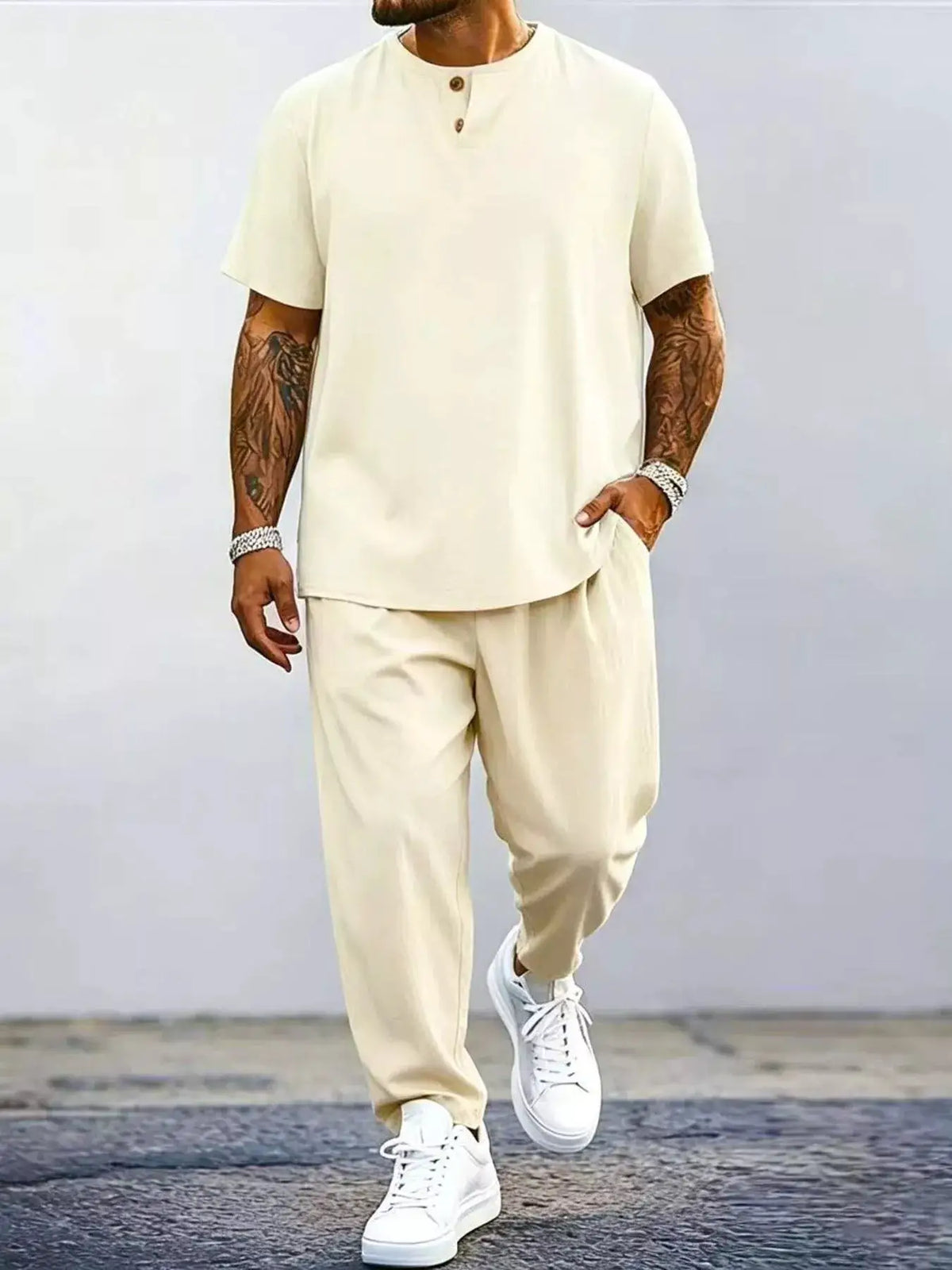 Men's plus-size casual short-sleeve lightweight two-piece set in beige