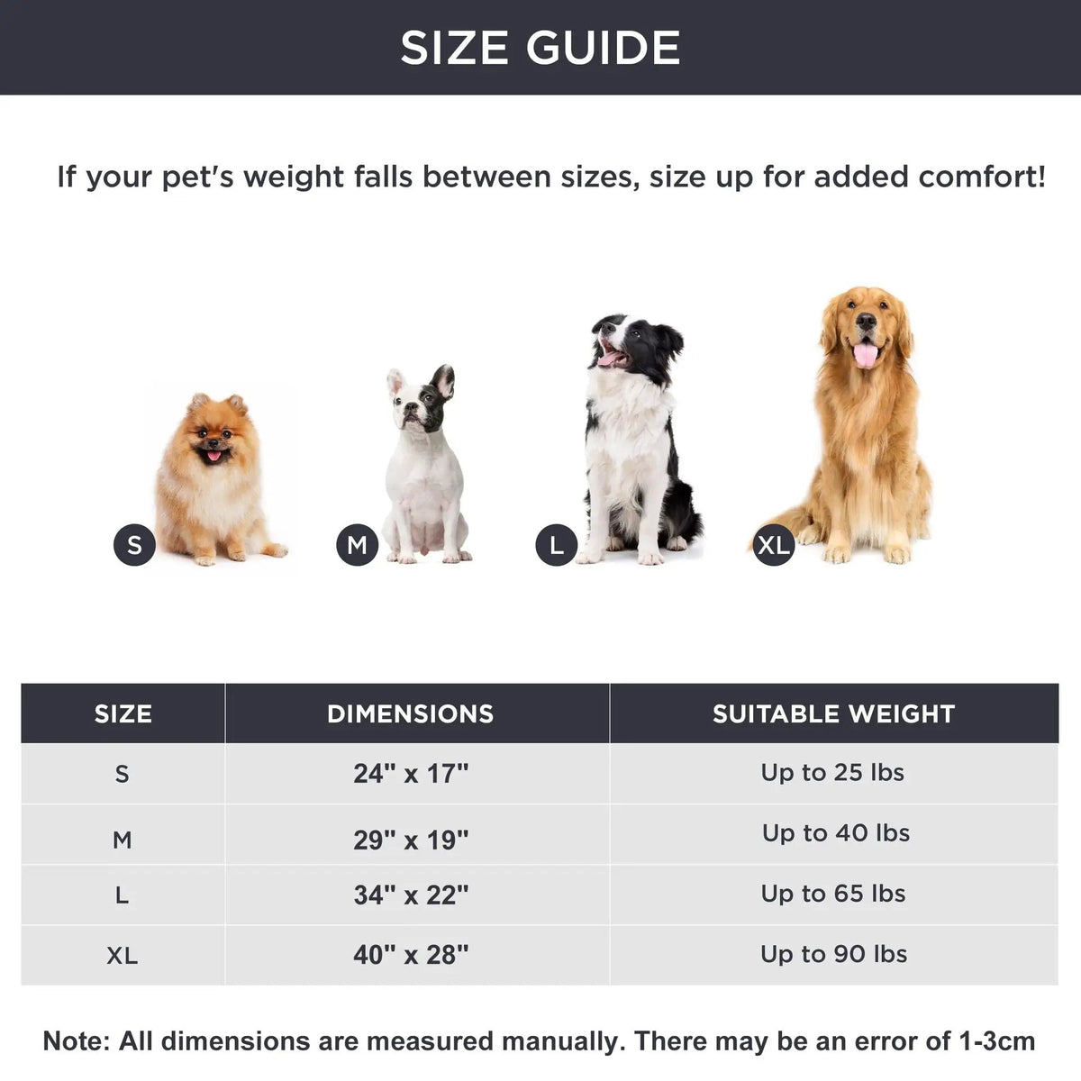Self-Warming Pet Mat by AdTec size guide showing four dogs in S, M, L, XL with dimensions 24x17, 29x19, 34x22 and 40x28
