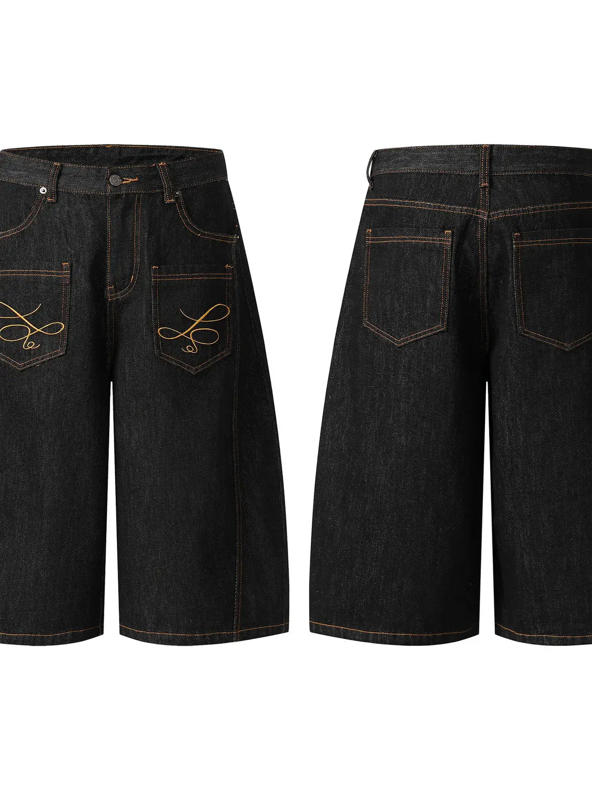 Men's wide-leg denim shorts with embroidered pocket detail; cotton blend, dark wash with orange stitching