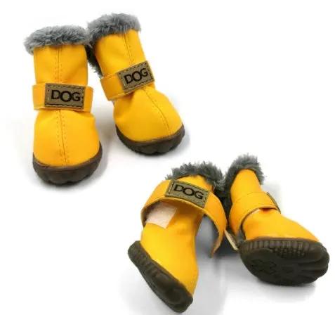 Dog thick snow boots in bright yellow with grey faux fur trim