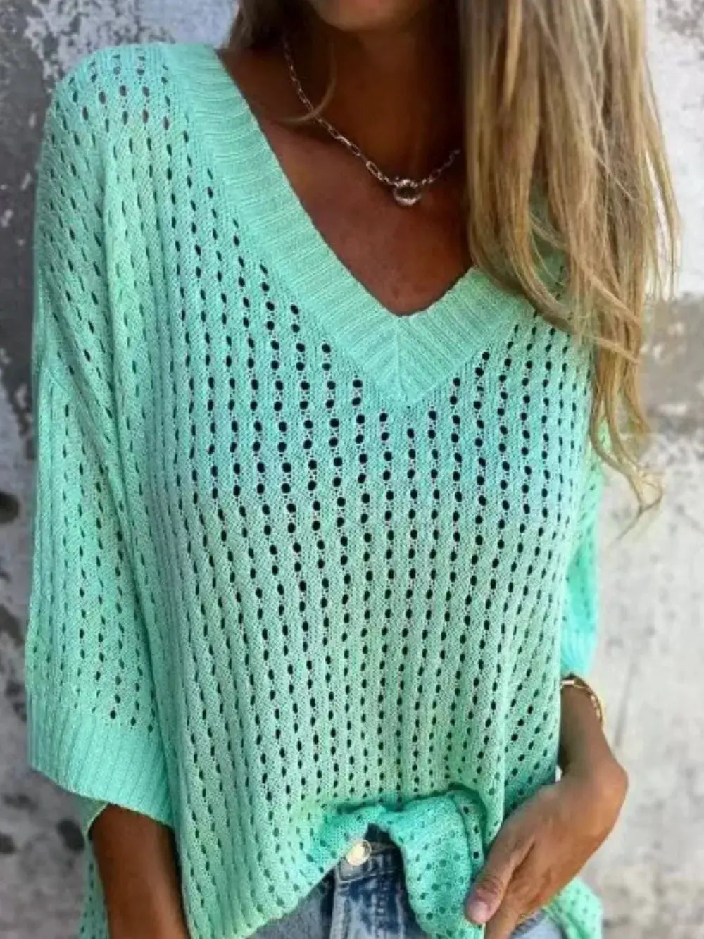 Plus size openwork V-neck knit cover-up in mint green, lightweight and stretchy, tied at waist