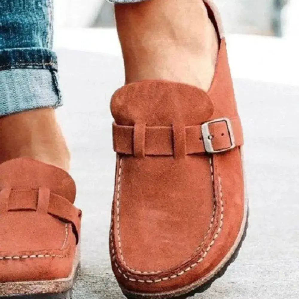 Trendsi brown suede round-toe low-heel buckle loafers, pair