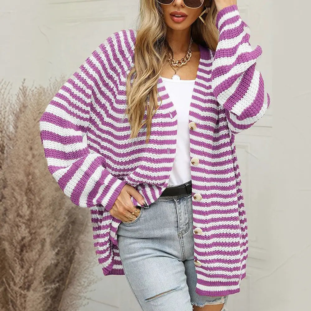 Premium striped button-front cardigan in purple and white; long sleeve, soft stretchy knit.