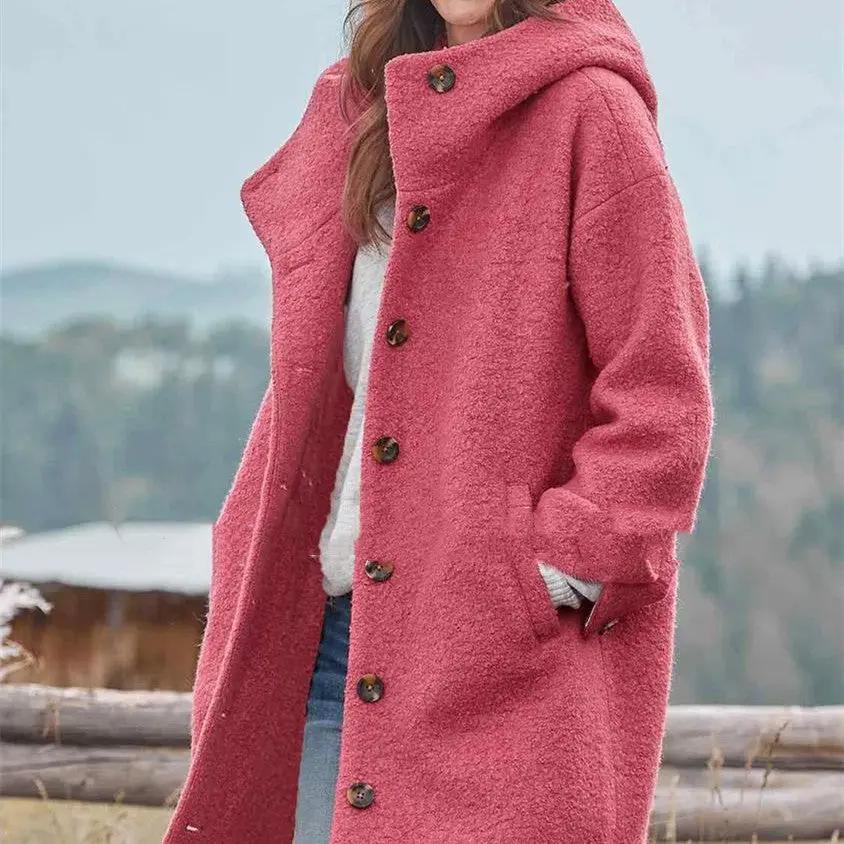 Womens heavy tweed winter coat in pink, textured fabric, button-front with wooden buttons by AdTec