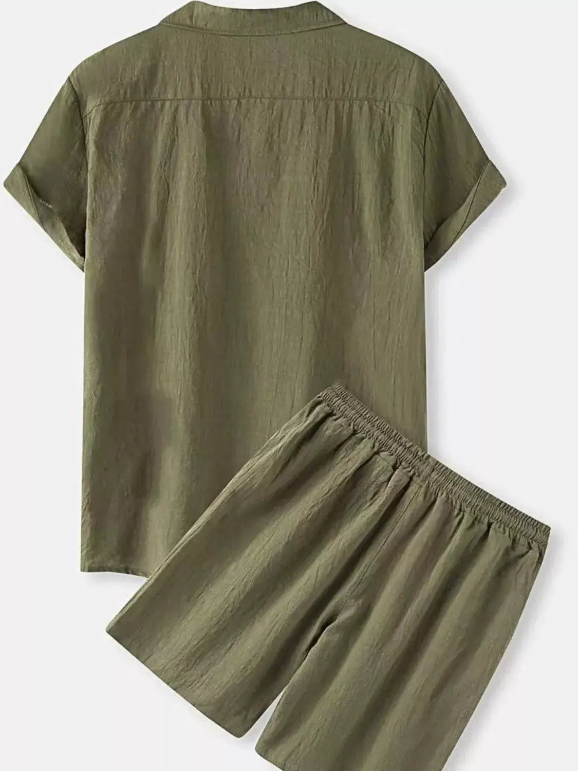 Men's two-piece olive green cotton button-up short-sleeve shirt and shorts set by Trendsi