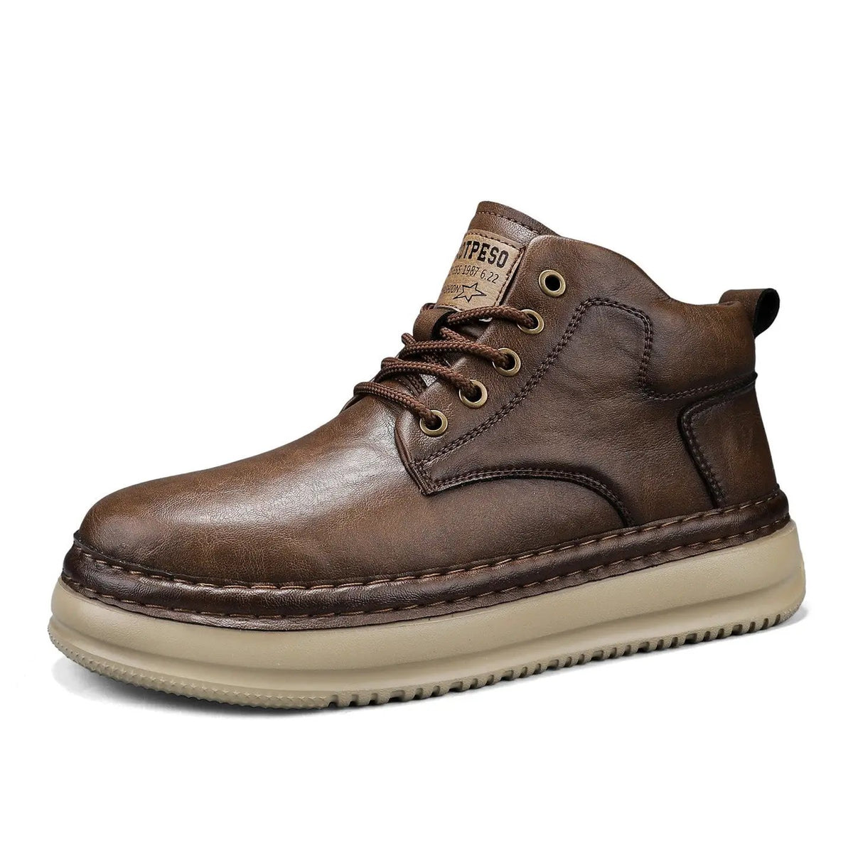 Meridian Microfiber Mid Top Boots in brown with a chunky mid-heel and beige sole