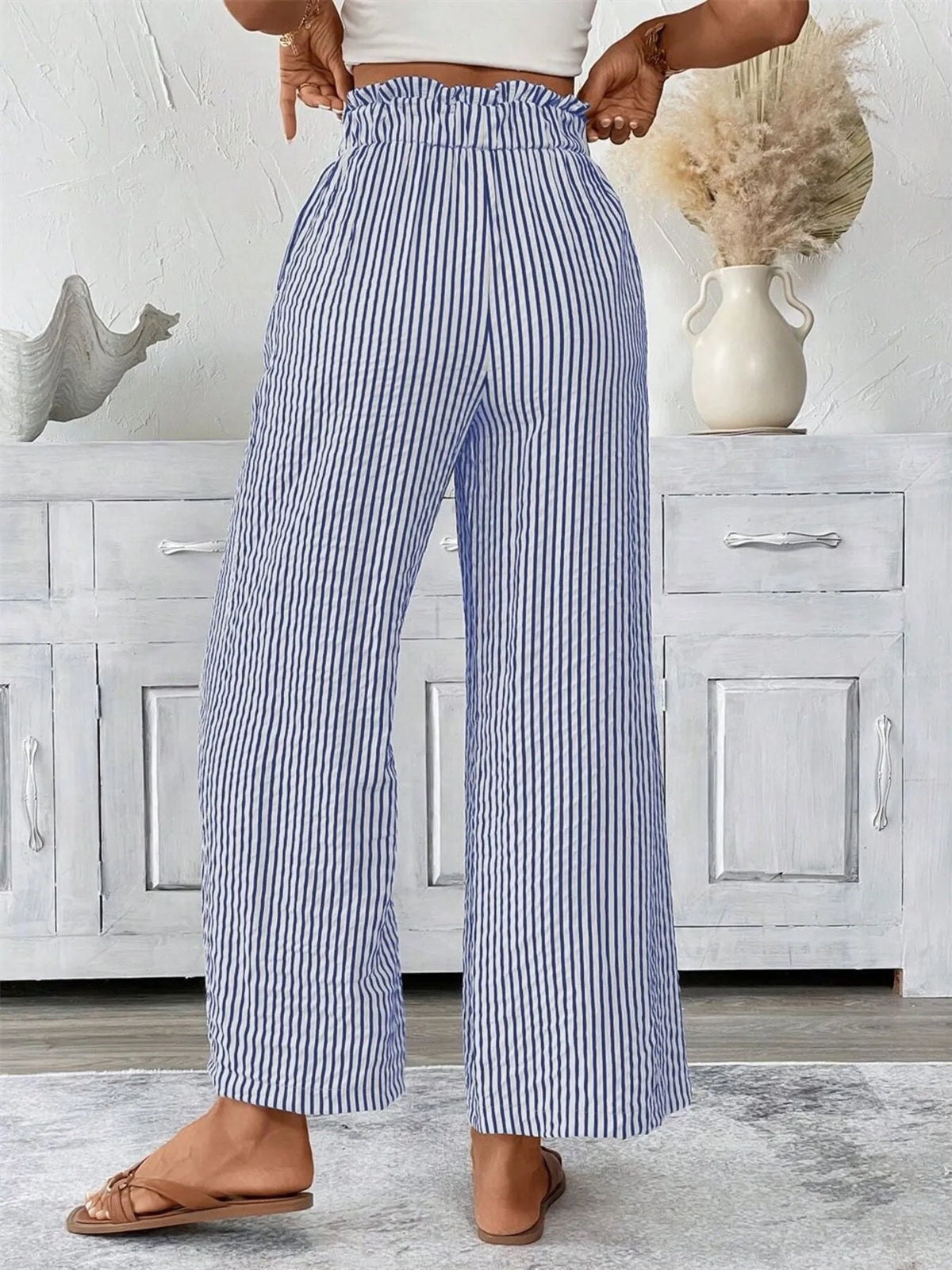 Plus-size blue-and-white striped wide-leg paper bag pants with elastic waist