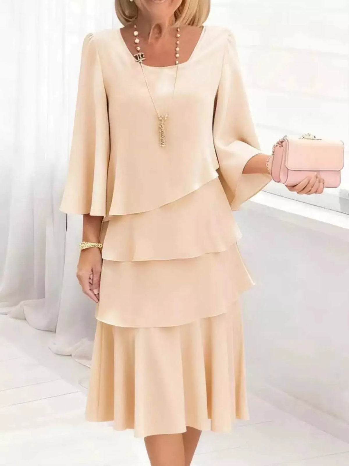Full Size Ruffled Layered 3/4 Sleeve Dress Plus Size by Trendsi in beige