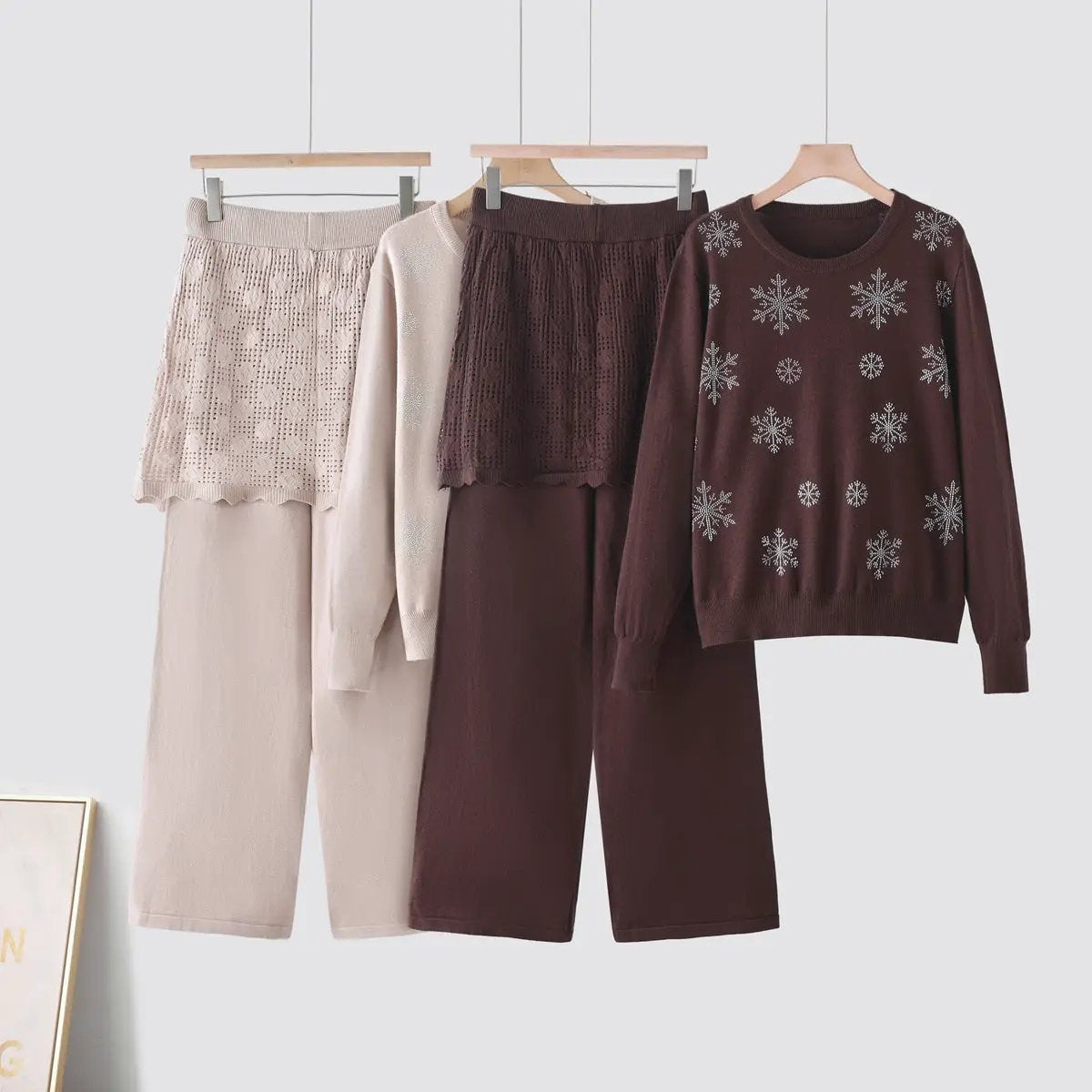 Women's rhinestone knit set; burgundy round-neck sweater with snowflake motifs and matching pants (4-piece display)