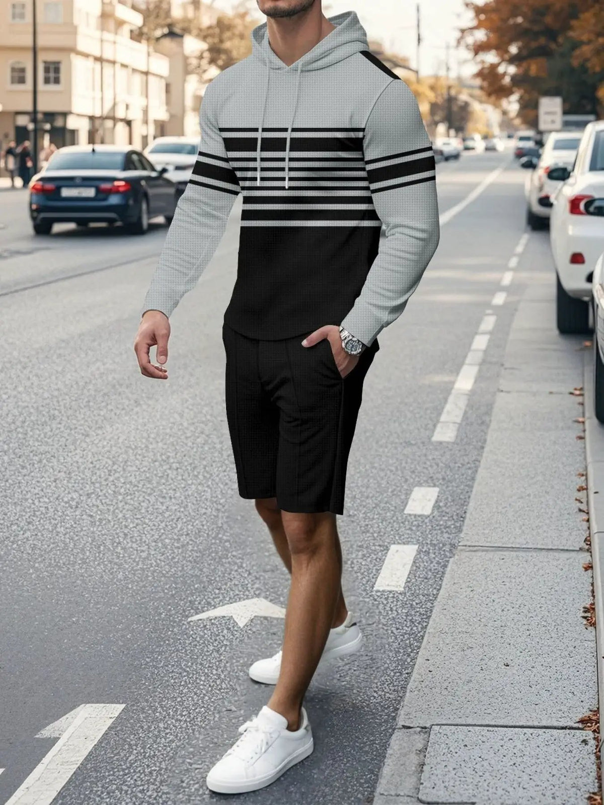 Men's striped hoodie and shorts two-piece plus-size loungewear set in gray and black, Trendsi