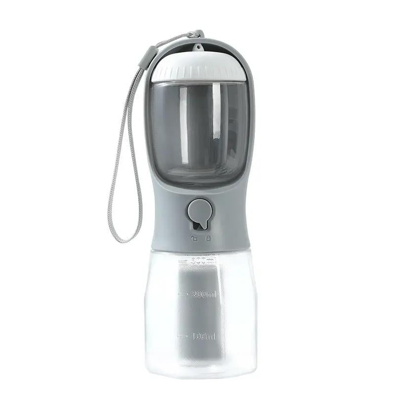 Dog water cup bottle by AdTec; gray top with clear reservoir and wrist strap