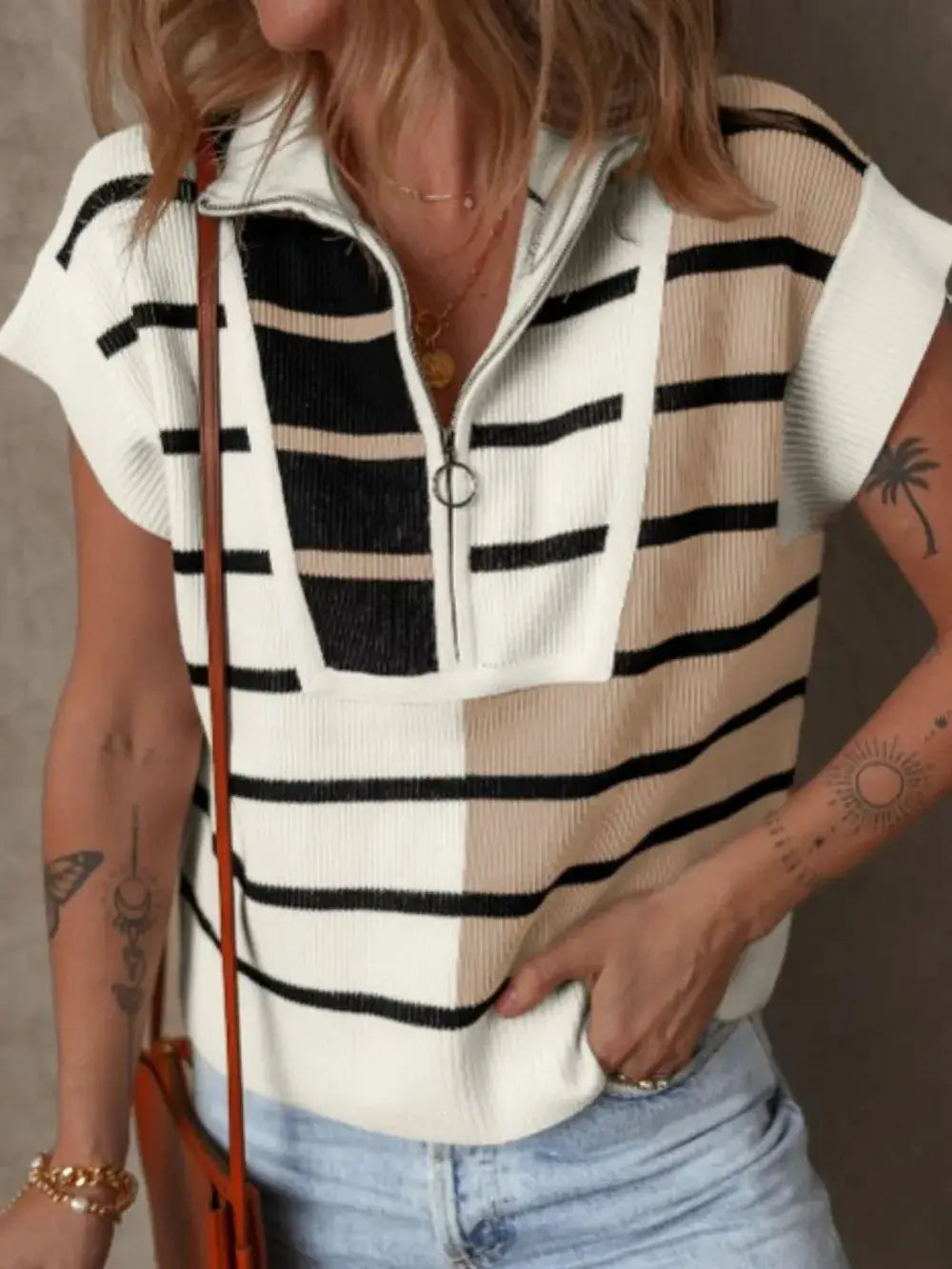 Soft stretch striped half-zip sweater vest in white, black, and beige knit with lightweight polyester