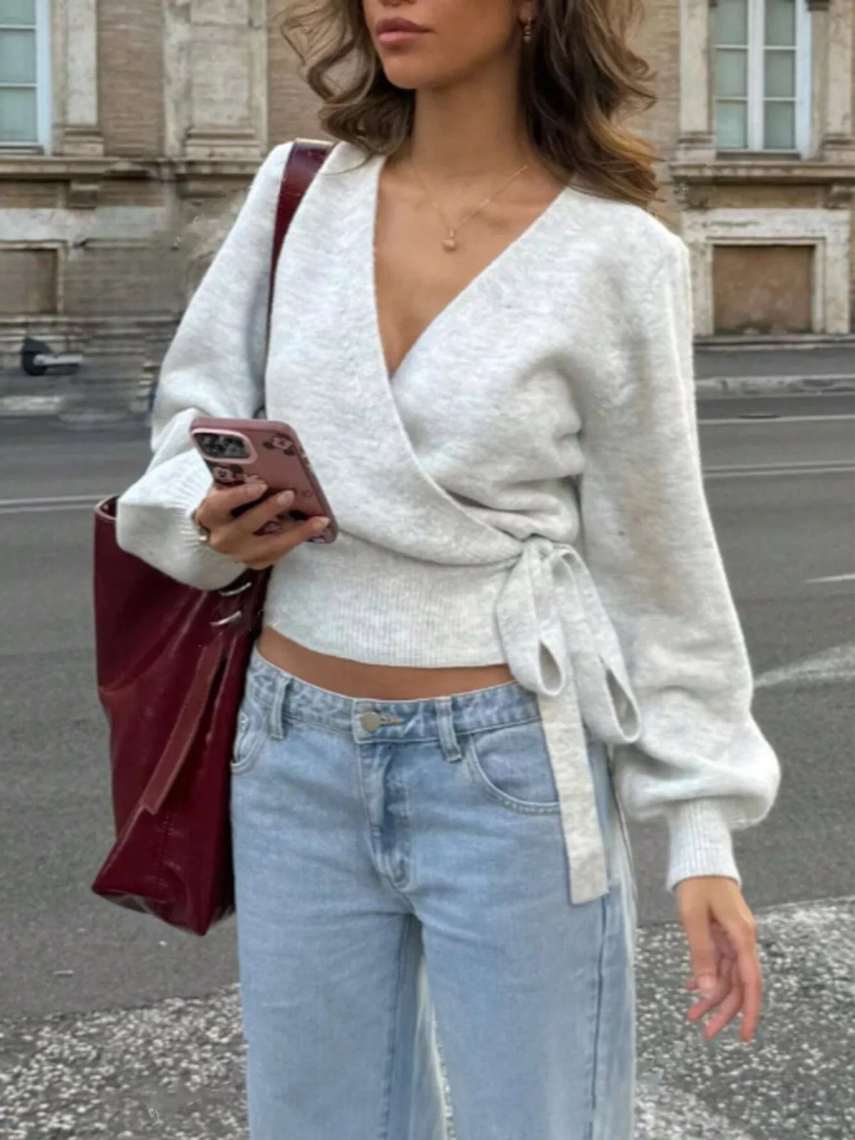 Trendsi women's tie-waist surplice knit sweater in soft stretch fabric, light gray.