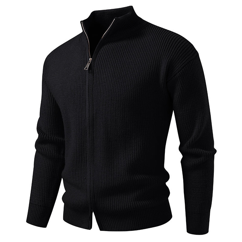 Men's black zipper cardigan sweater coat; ribbed knit, full-zip, stand collar.
