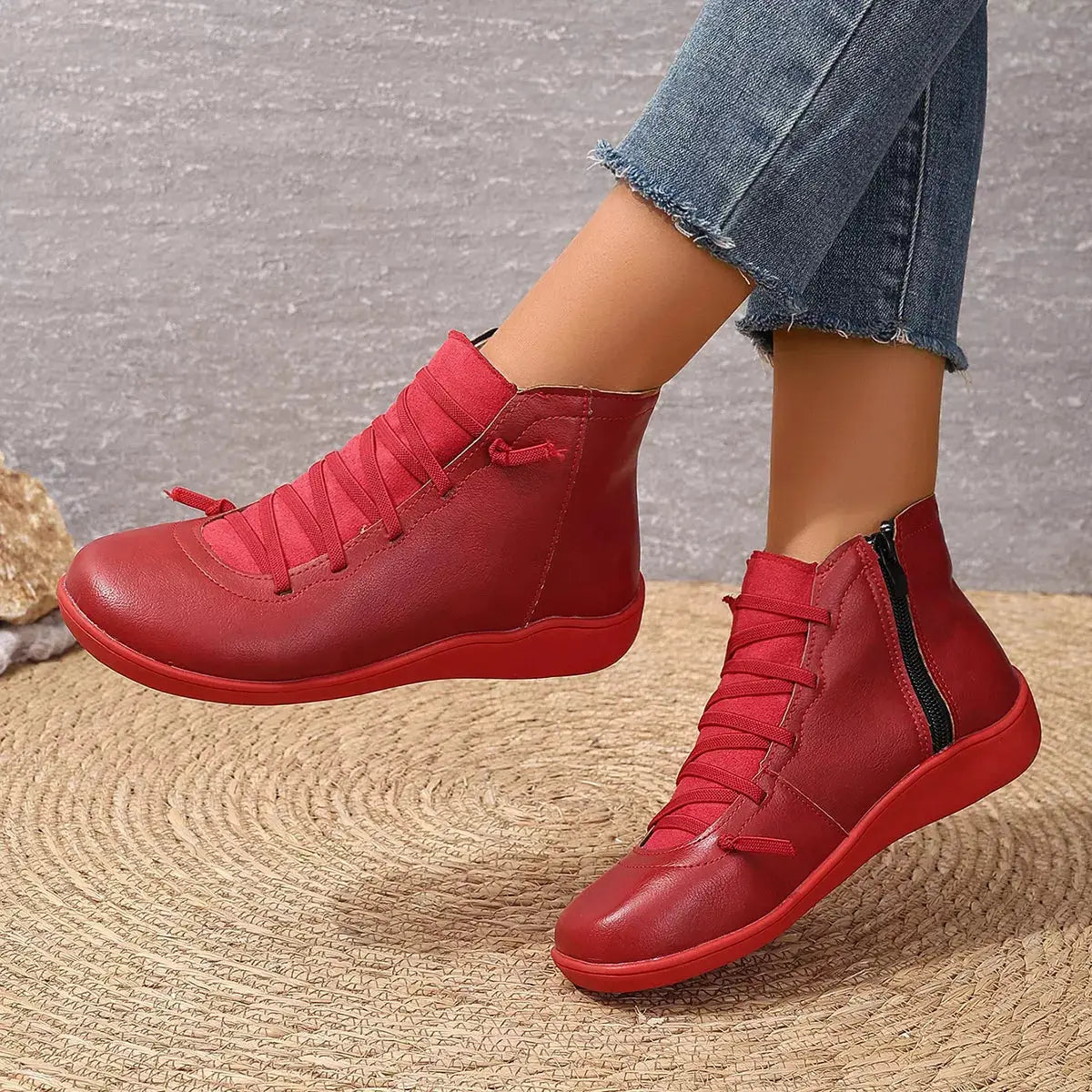 Lace-Up Faux Leather Ankle Boots in red with a side zipper, pair