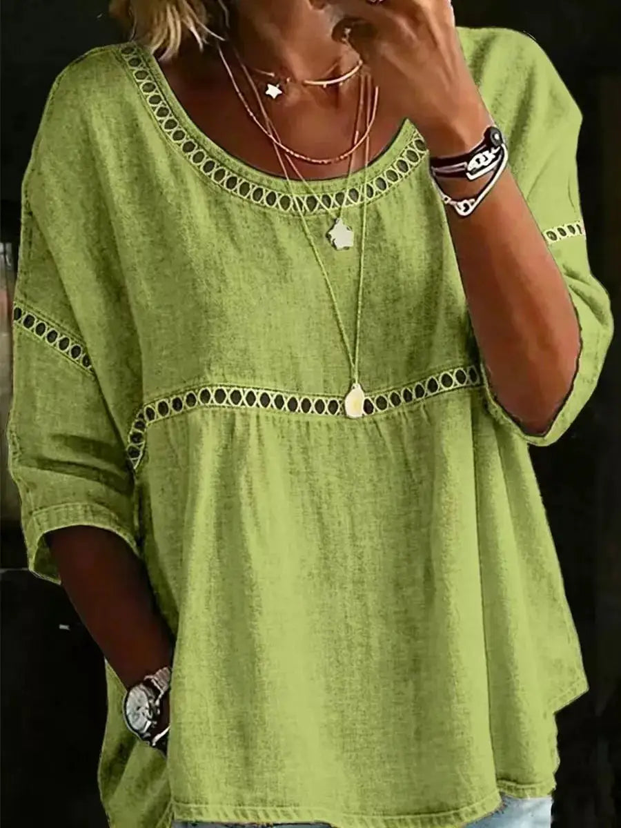 Full Size Hollow Out Round Neck Top Plus Size in lime green by Trendsi