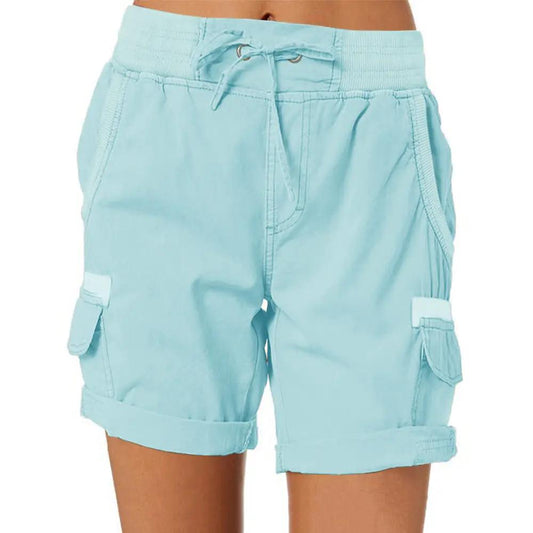 Lightweight women's cargo shorts with drawstring and deep pockets, light blue, AdTec