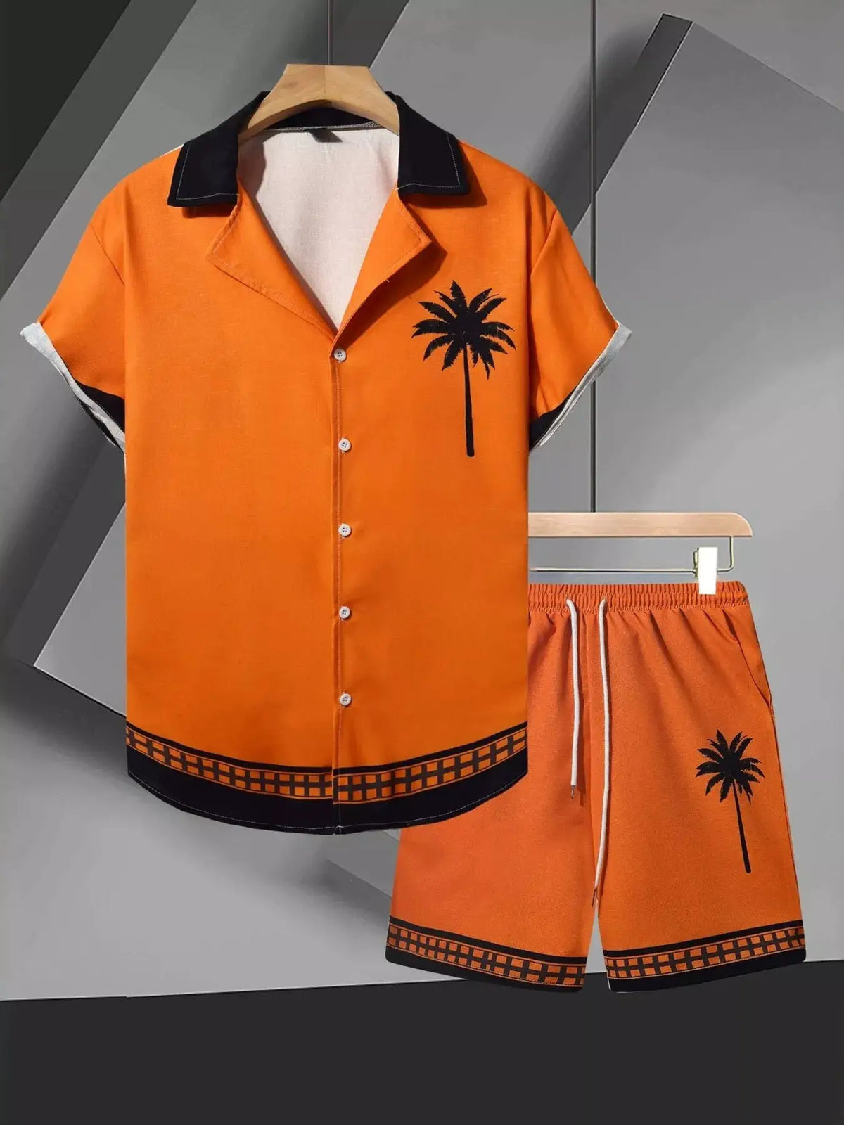 Men's orange palm-tree print short-sleeve shirt with black collar and matching shorts set by Trendsi