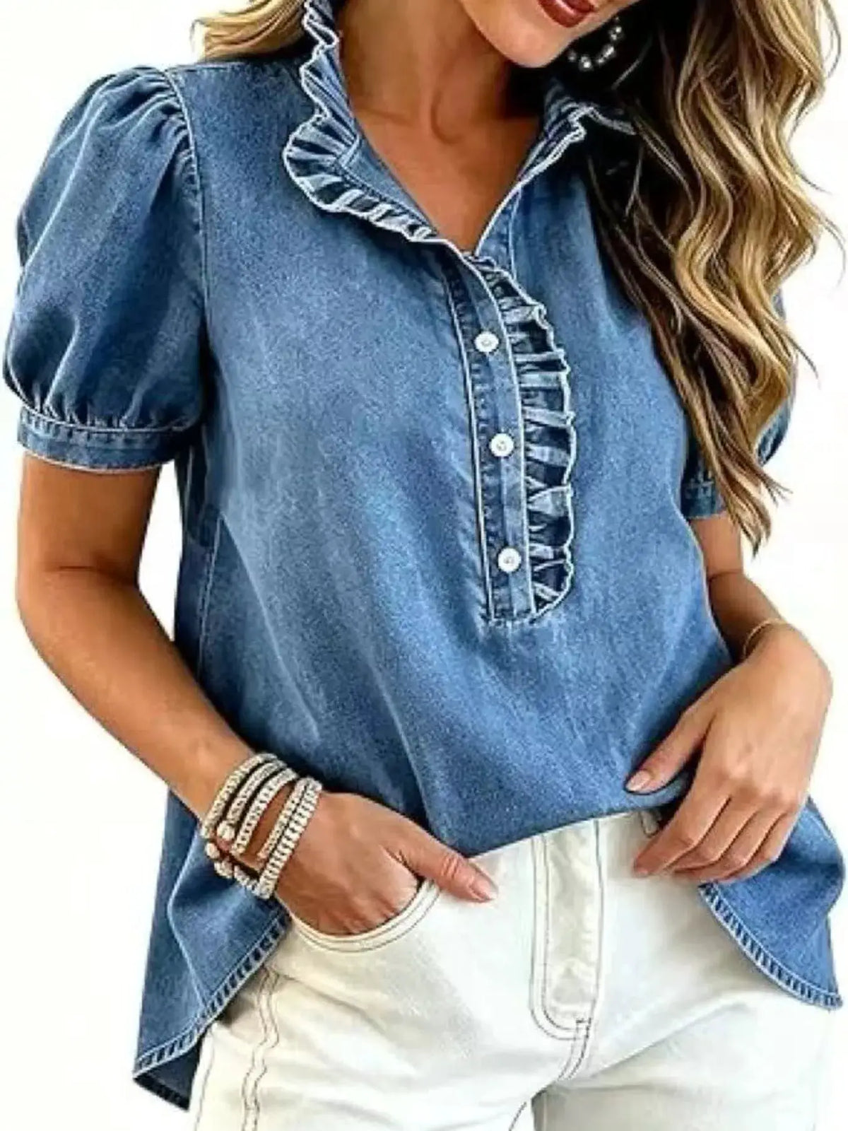 Frill puff sleeve denim top in blue with front button closure and ruffle trim