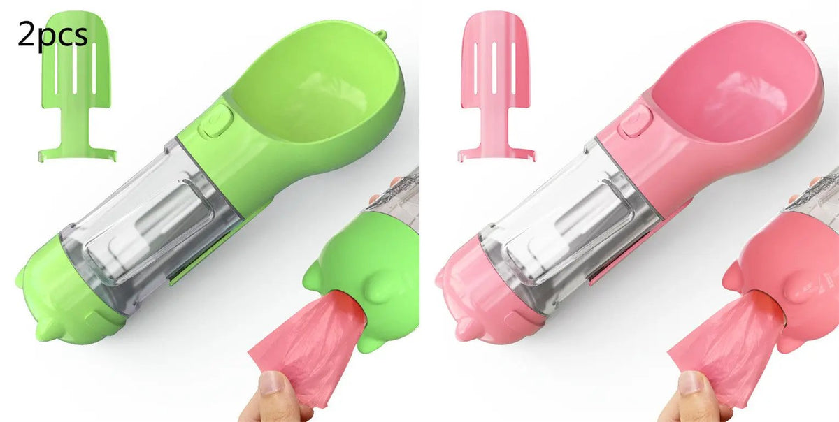AdTec 2-pack pet water bottle feeder bowls in green and pink, portable outdoor dog water bottle
