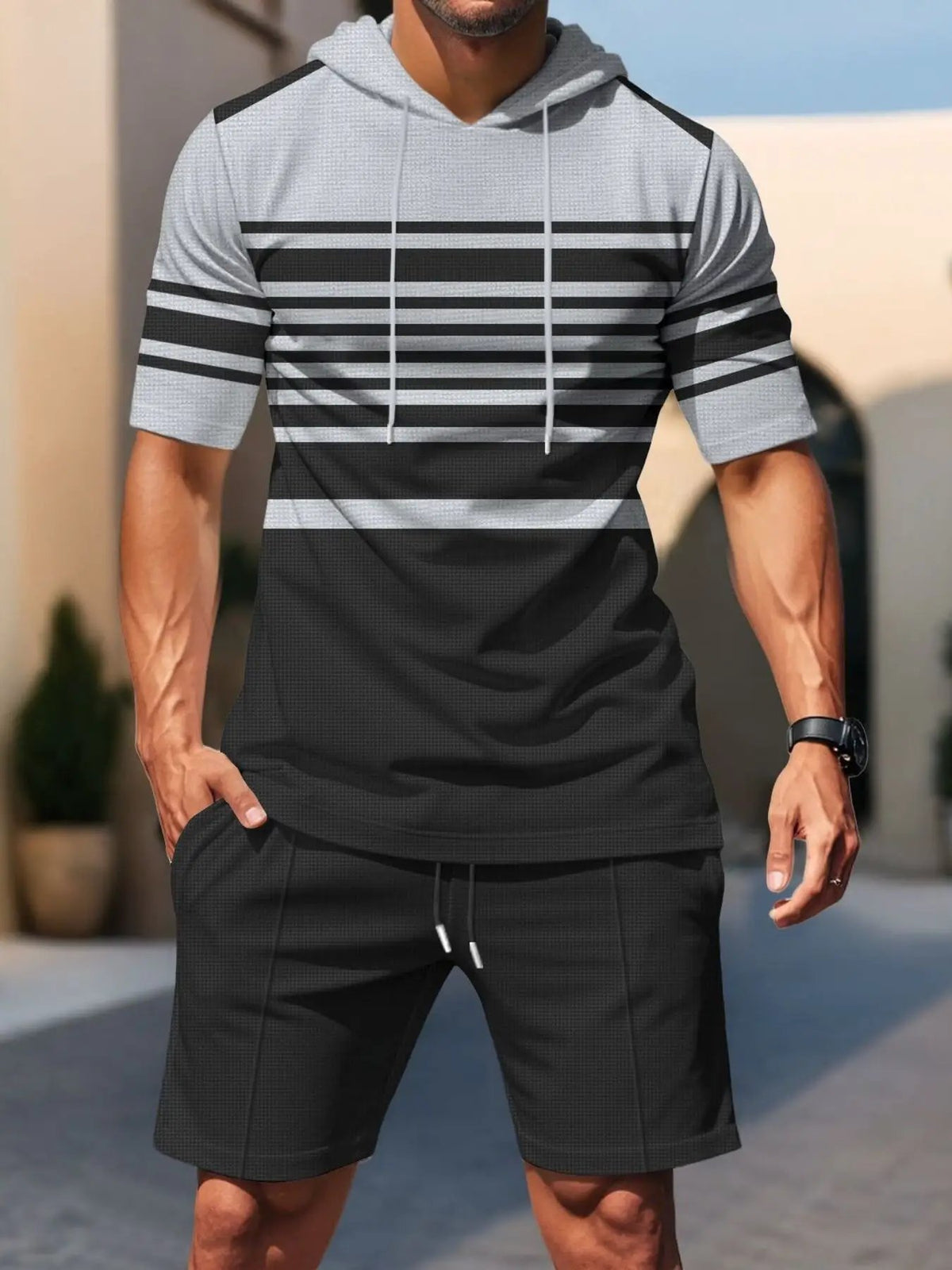Men's striped short-sleeve hoodie and shorts set by Trendsi; gray/black horizontal stripes, plus size