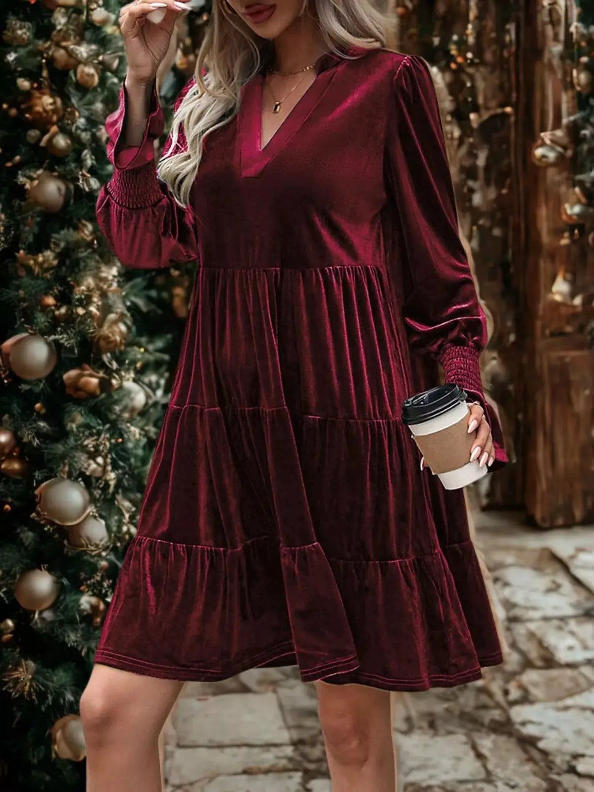 Velvet Tiered Notched Mini Dress by Trendsi in burgundy with long puff sleeves