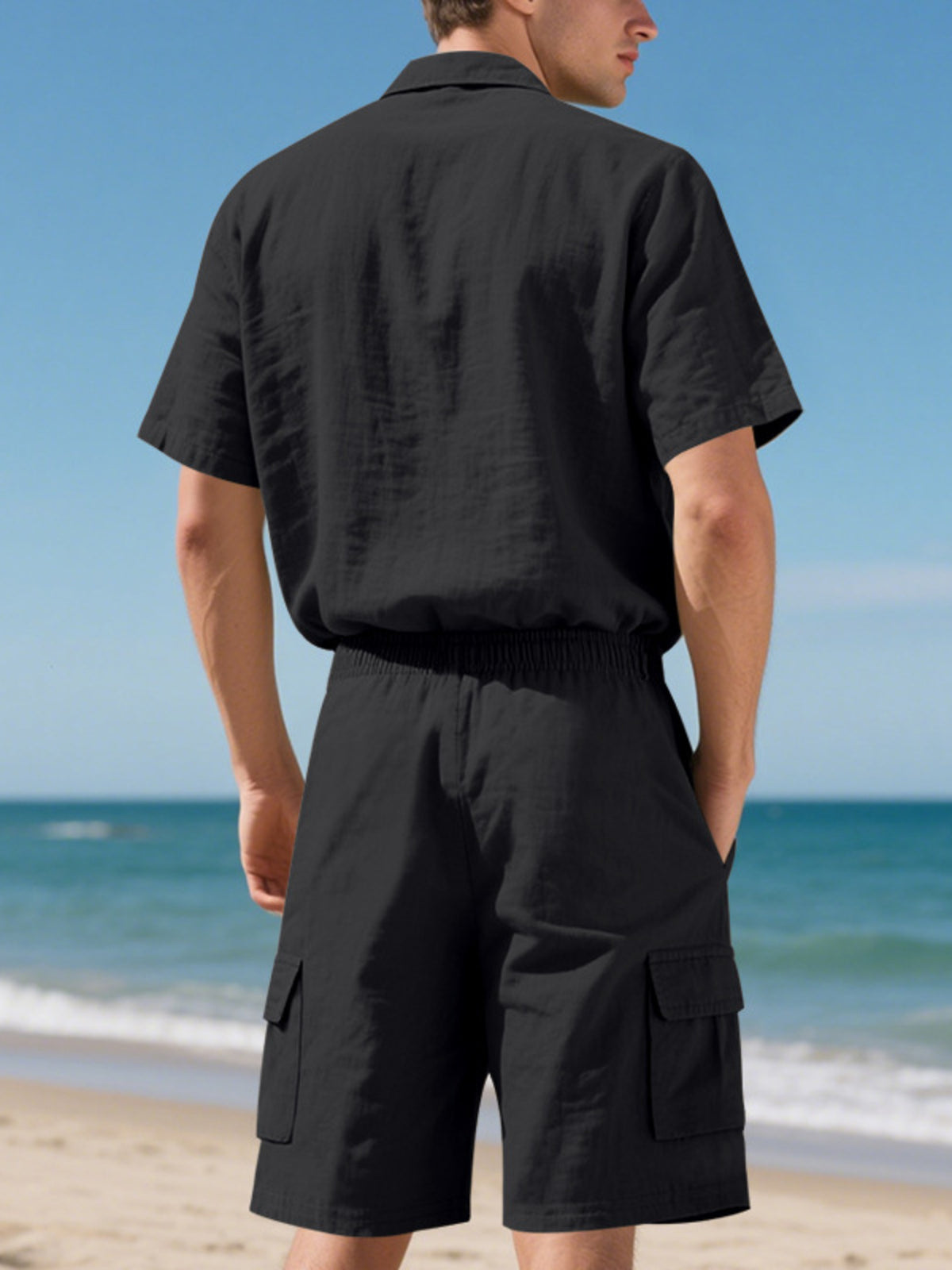 Men's full-size button-up shirt and cargo shorts set, plus size, black, beach backdrop.