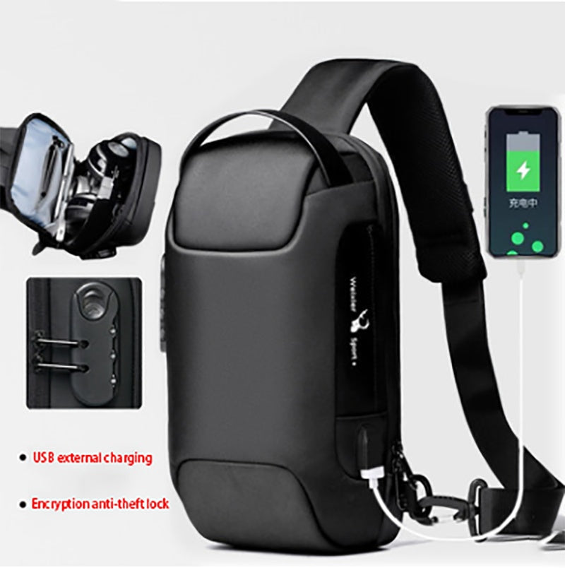 AdTec anti-theft Oxford chest bag with padded laptop sleeve, USB charging, zippered pockets, black