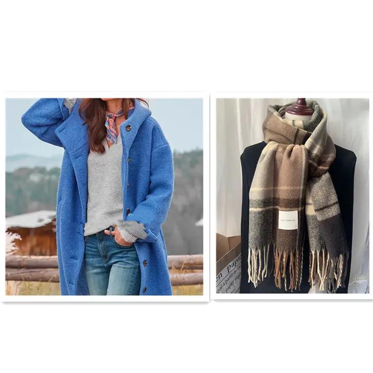 Women's heavy tweed winter coat in blue with rich texture and plaid scarf, 2-piece set