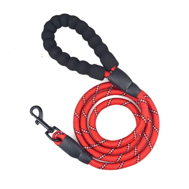 Durable Dog Reflective Rope Leash, red braided cord with black padded handle and metal clip