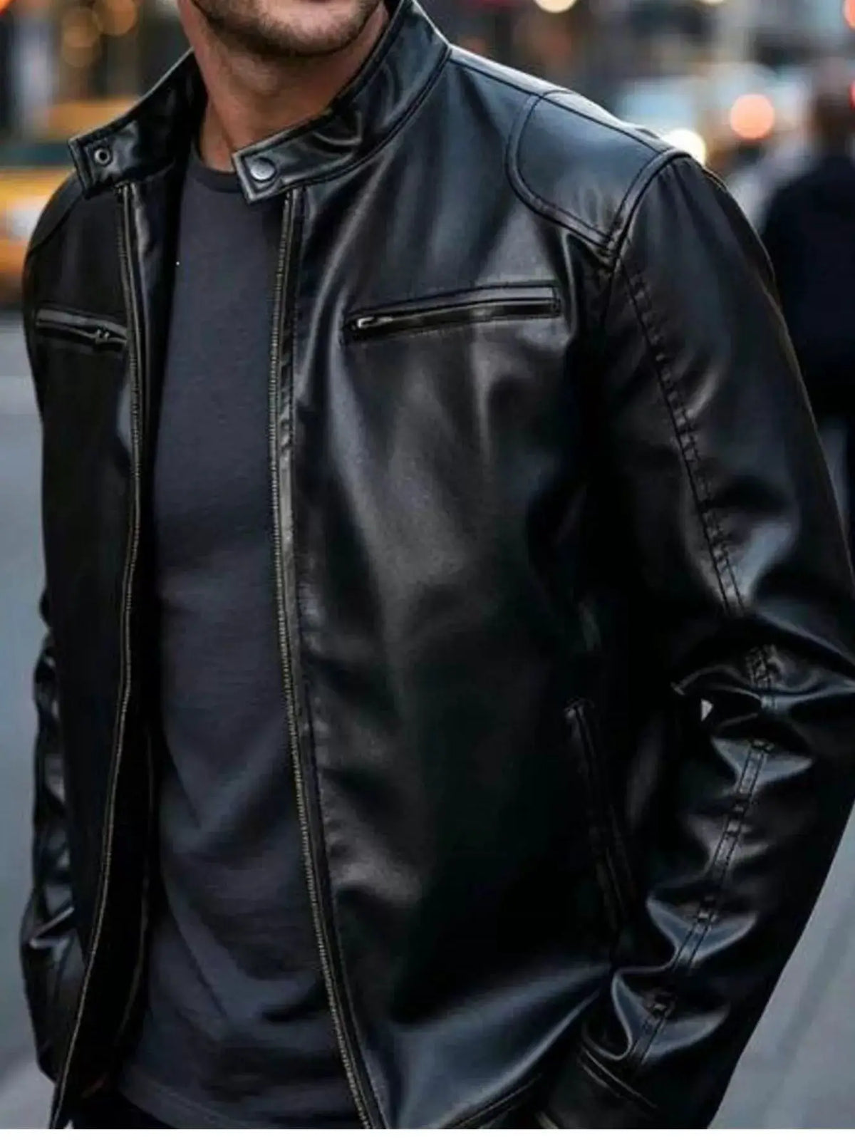 Men's black faux leather bomber jacket with zip pockets; plus size