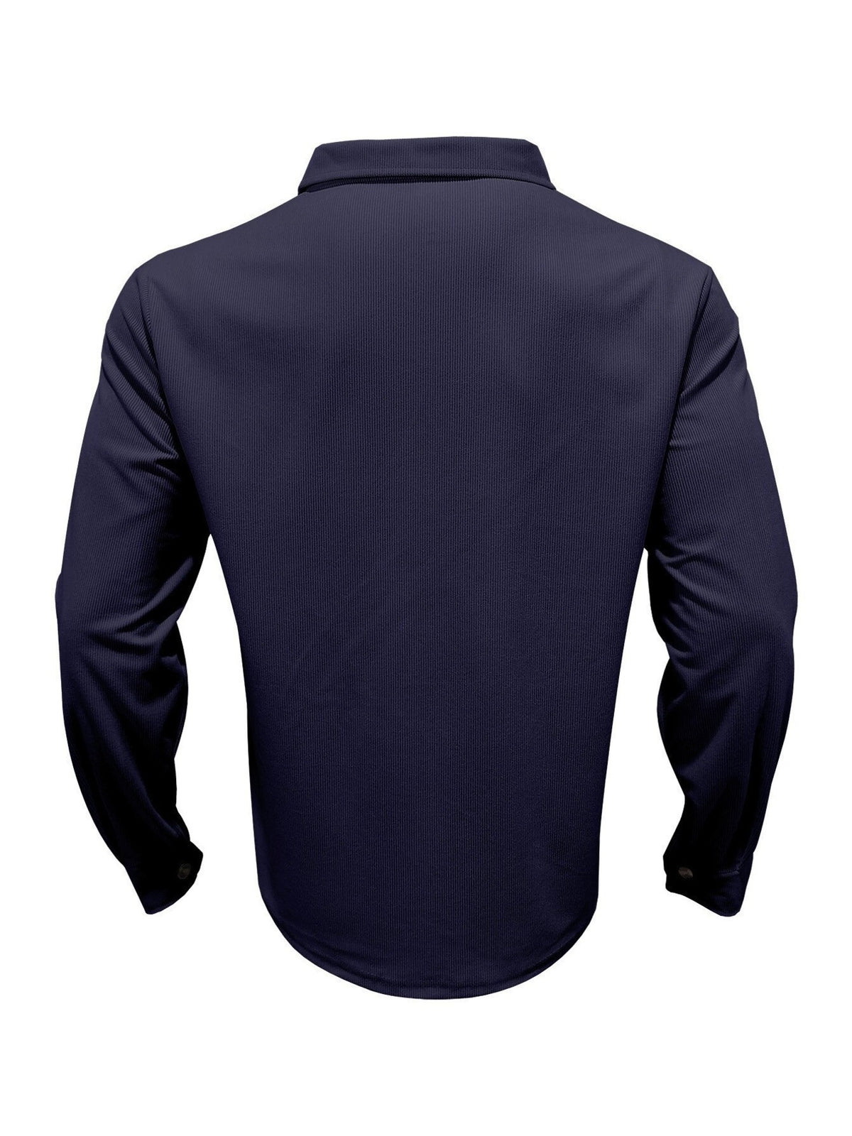 Men's plus-size navy button-up long-sleeve shirt, back view with curved hem.