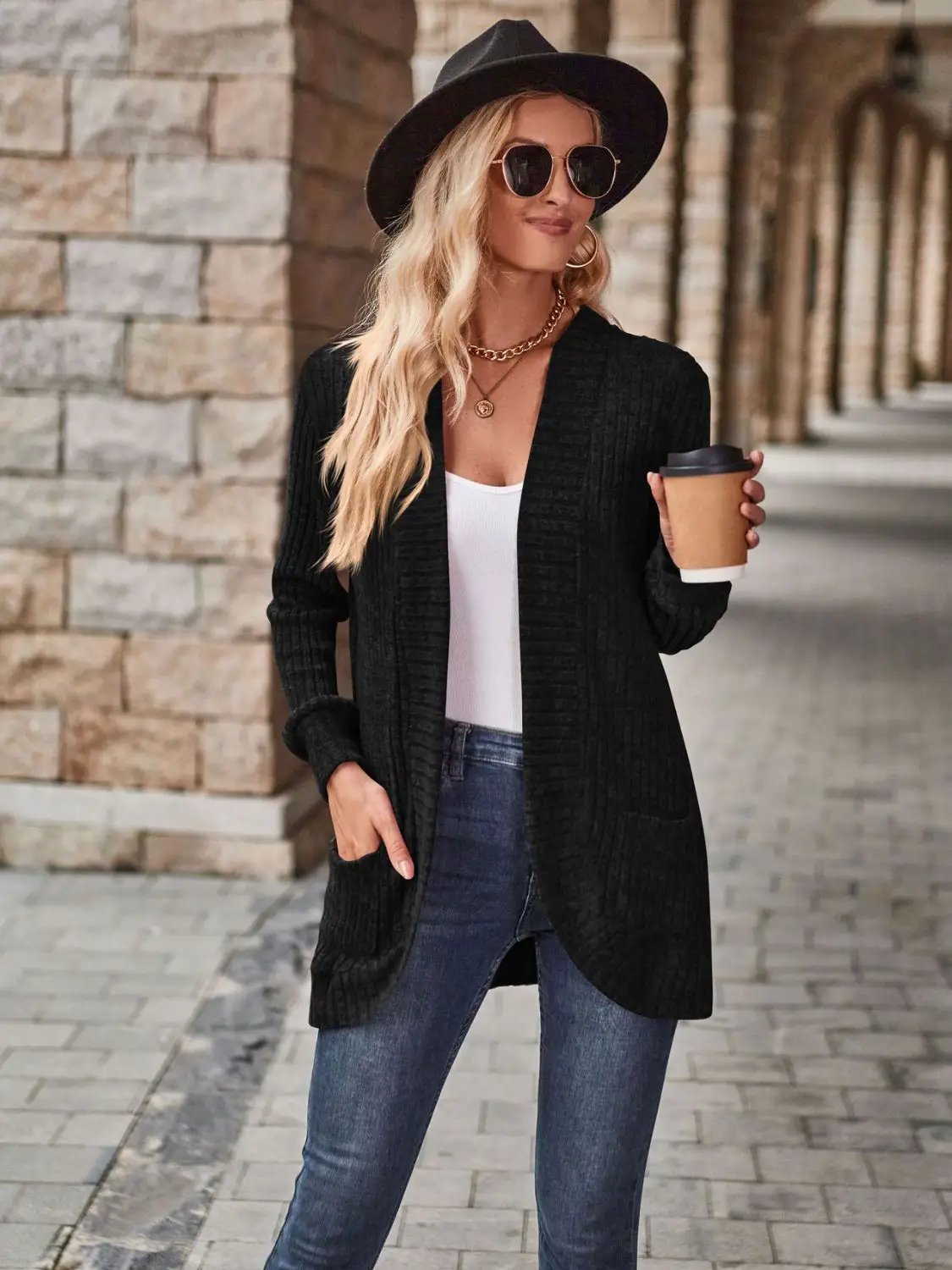 Stretchy open-front longline black cardigan for women with deep side pockets