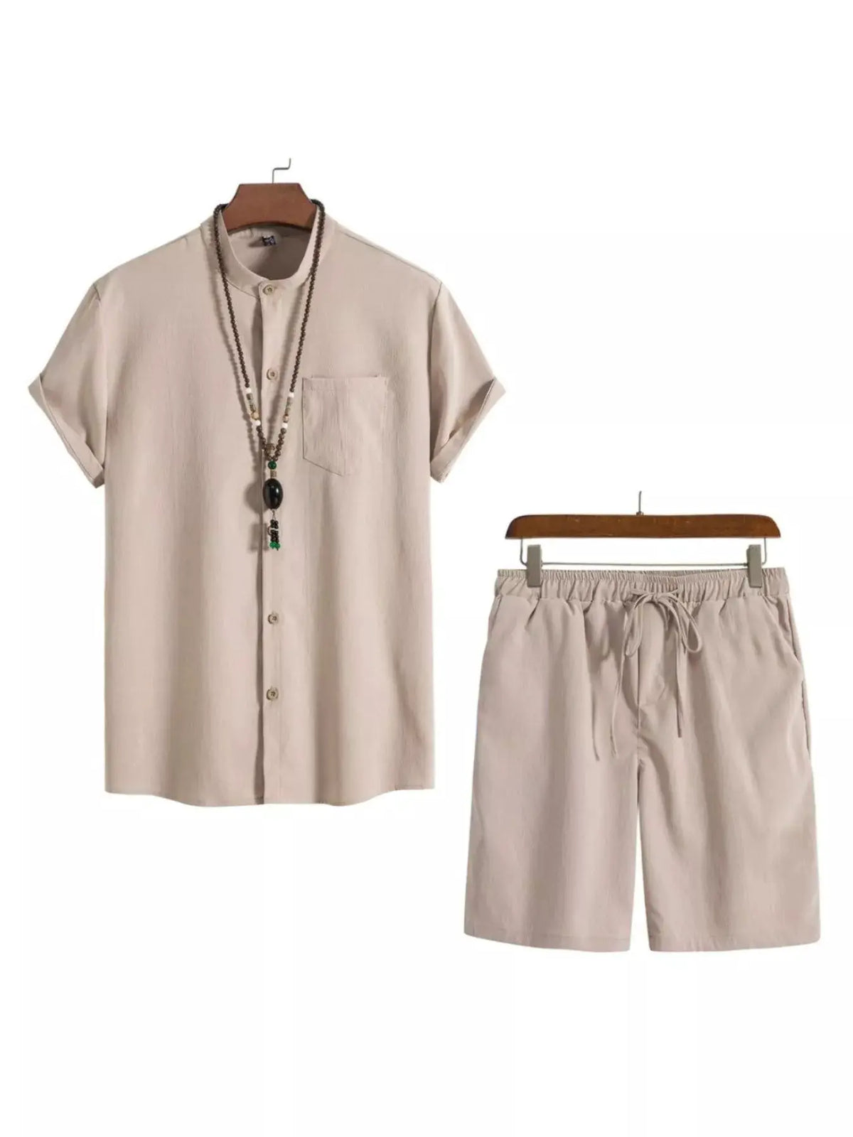 Trendsi plus-size men's summer casual 2-piece beige button-front short-sleeve shirt and drawstring shorts set