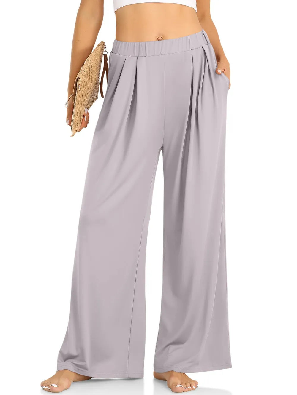 Elastic Waist Wide Leg Pants by Trendsi in light grey Palazzo pants with a flowing fit