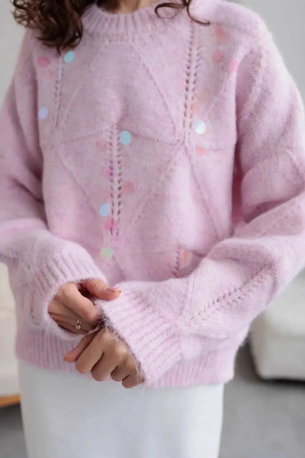 Shimmering Sequin Round-Neck Pink Knit Holiday Sweater by Trendsi, long sleeves