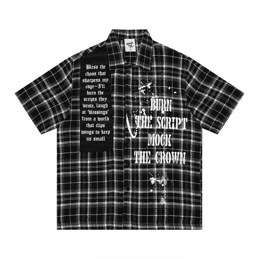 Color blocked plaid short sleeved shirt with lining