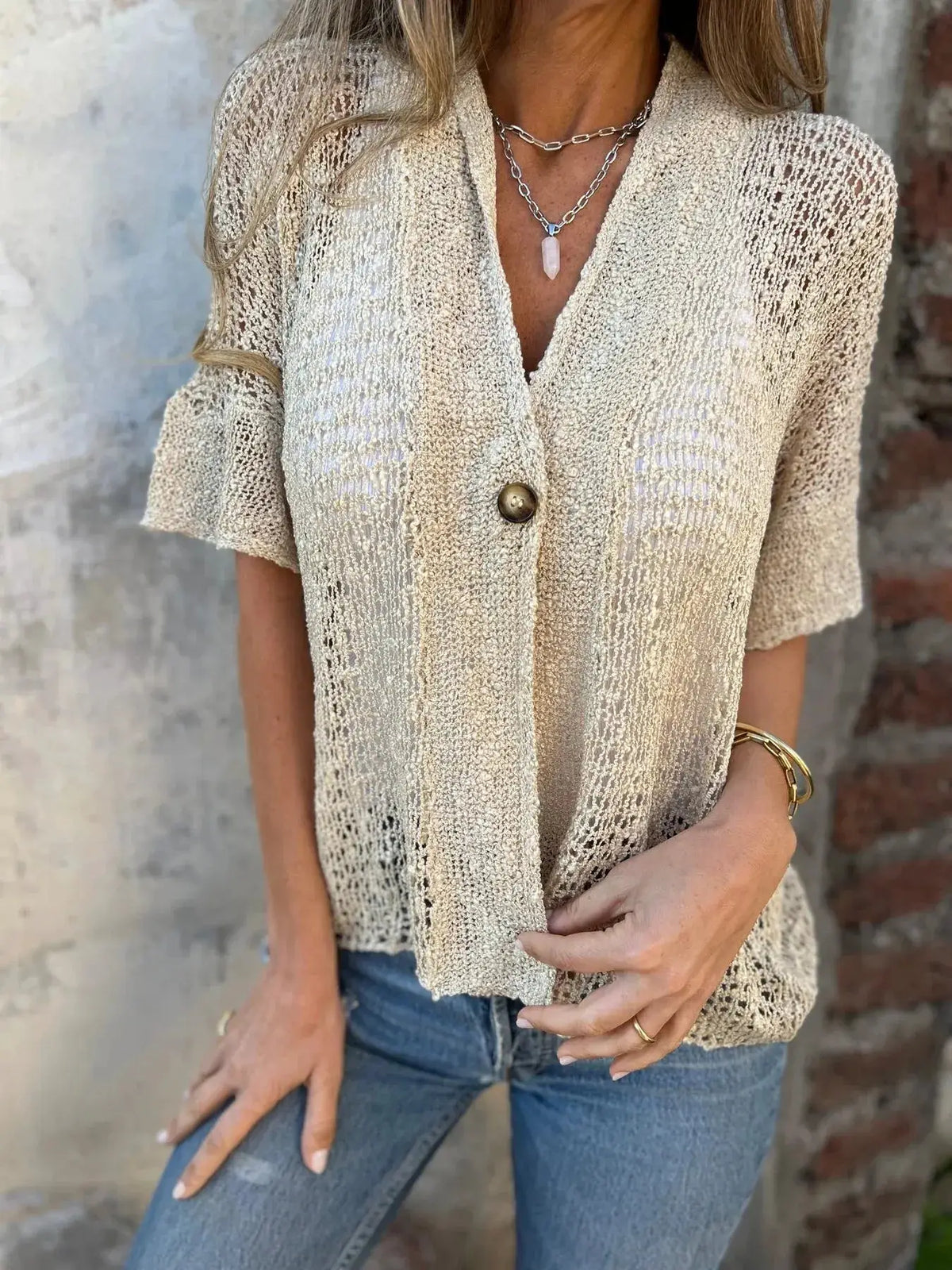 Plus size one-button openwork cardigan in cream sheer knit