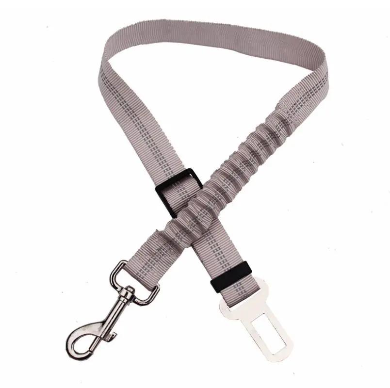 AdTec gray elastic adjustable dog seat belt with metal clip and white buckle.